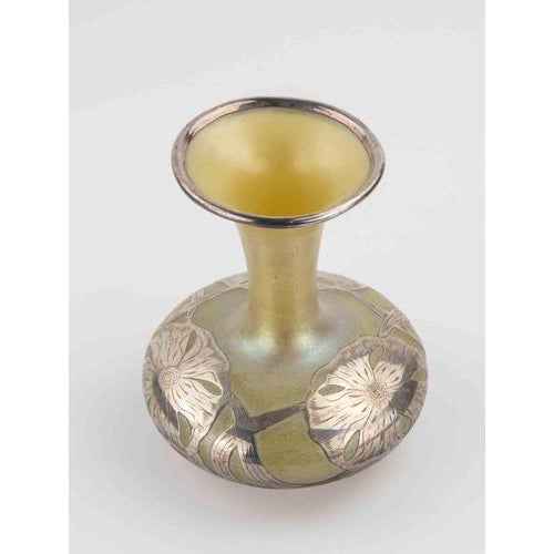 Art Nouveau Loetz Glass vase with Alvin Silver Overlay, realized in Austria in 1900/1910. Very good condition. This piece...