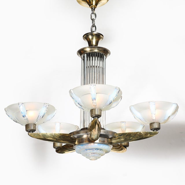Art Deco Art Deco Brass Petitot Chandelier W/ Glass Rods & Opalescent Glass Shades For Sale - Image 3 of 18