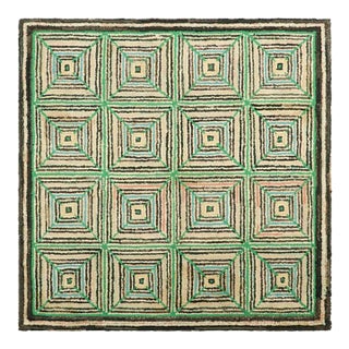 Antique Hooked Square Rug in Beige and Green Geometric Patterns | Rug & Kilim For Sale