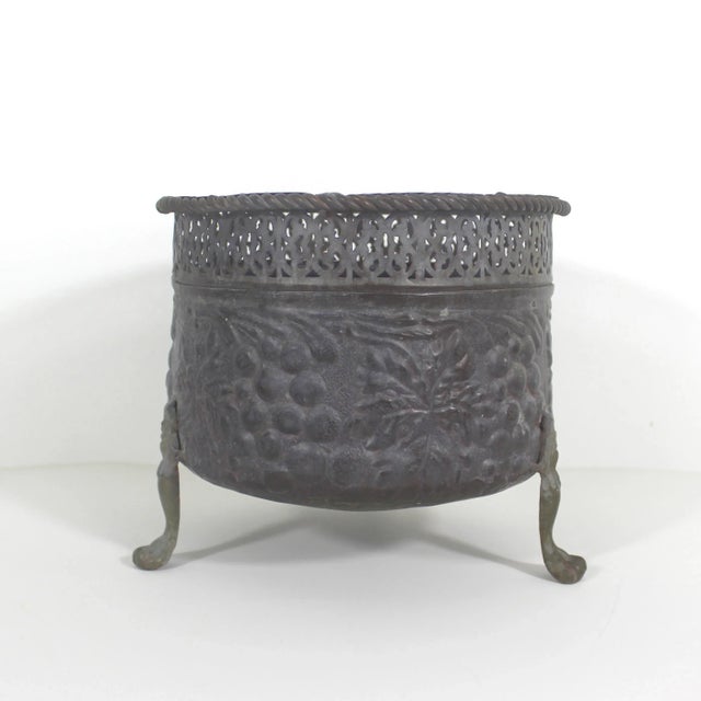 Vintage Claw Footed Pierced Brass Planter With Grape Motif Rope Edge For Sale - Image 4 of 9