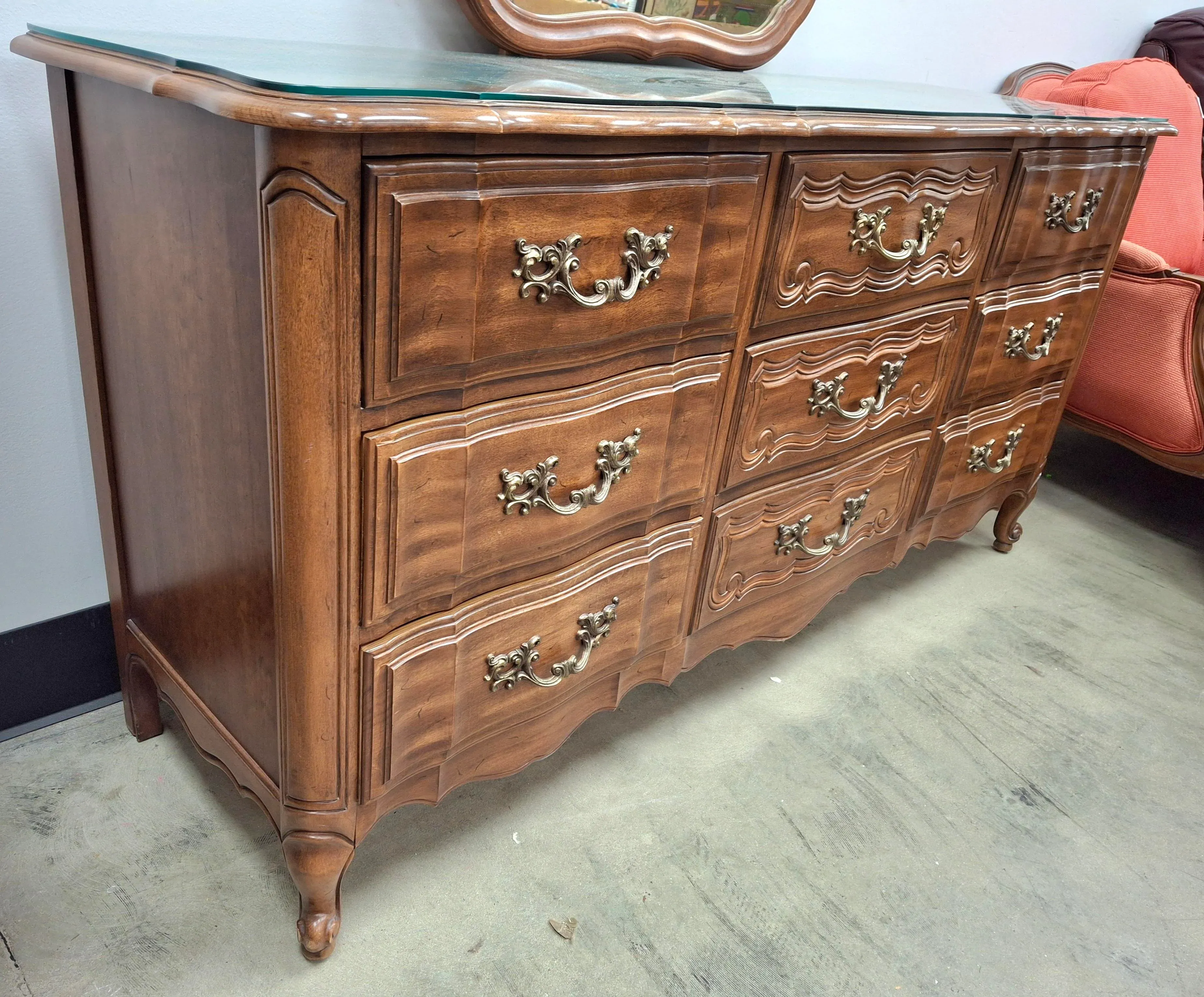 1960s Thomasville Provincial Style Fruitwood Triple Dresser With