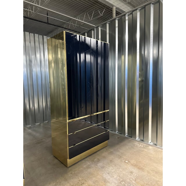 Metal 1960s Pair of Navy Blue Glass and Brass Ello Wardrobe Cabinets For Sale - Image 7 of 12