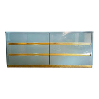 Italian Postmodern Baby Blue Lacquered Dresser With Gold Accent For Sale