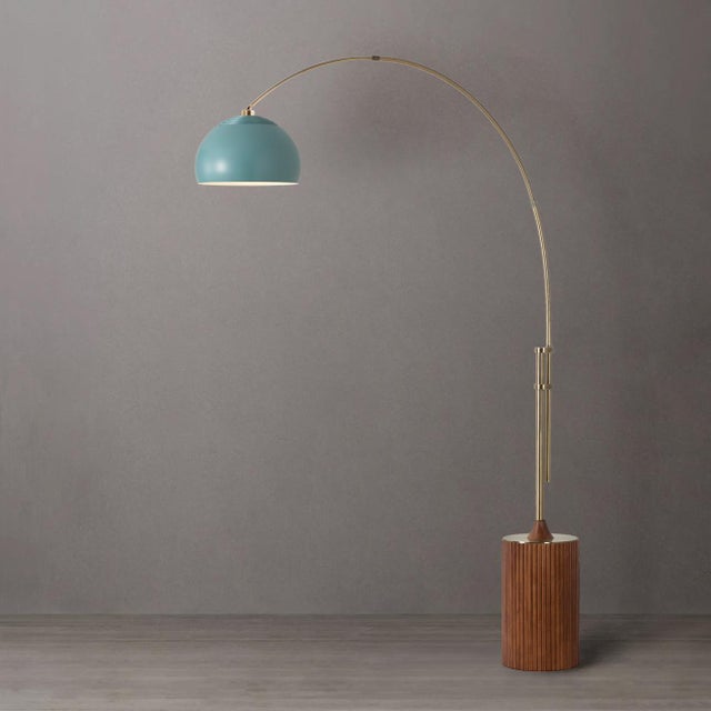Mid-Century Modern 1980s Nova of California Dark Walnut Mid Century Floor Lamp - Modern Arc Lamp, Half Dome Blue Shade, Dimmable Light FIxure For Sale - Image 3 of 11