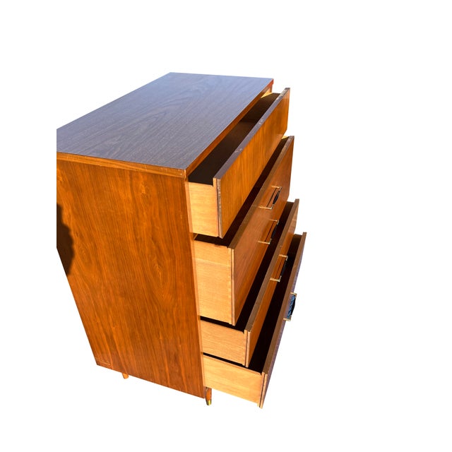 1960s Mid Century Modern Vintage Tall Highboy Dresser With Brass Hardware For Sale - Image 5 of 11