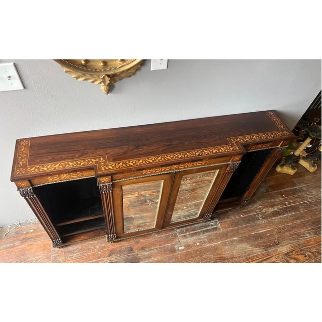Wood 19th Century English Regency Inlaid Rosewood Breakfront Bookcase Cabinet For Sale - Image 7 of 8