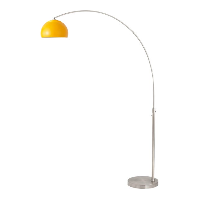 1960s Nova of California Mid Century Floor Lamp - Modern Arc Lamp, Mustard Dome Shade, Satin Nickel Steel, Dimmable For Sale