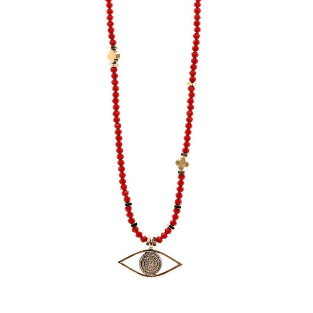 Christmas Vibe Watchful Evil Eye Pendant Red Beaded Necklace For Sale In Miami - Image 6 of 11