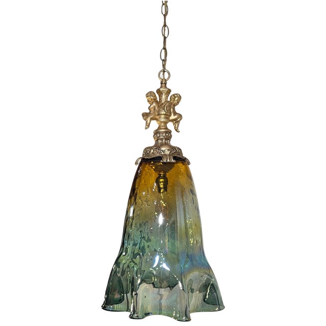 Large Art Glass Fazzoletto Green Amber Cherub Pendant Light For Sale - Image 14 of 18