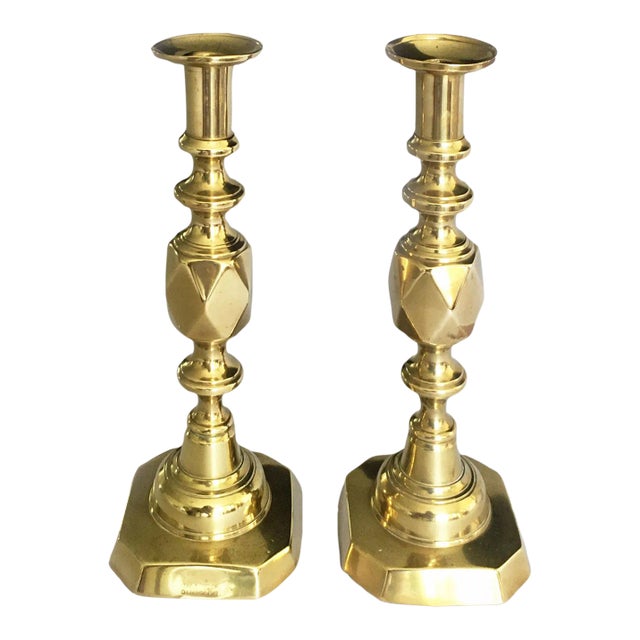 Late 19th Century English Antique King of Diamonds Brass Candlesticks, a Pair For Sale