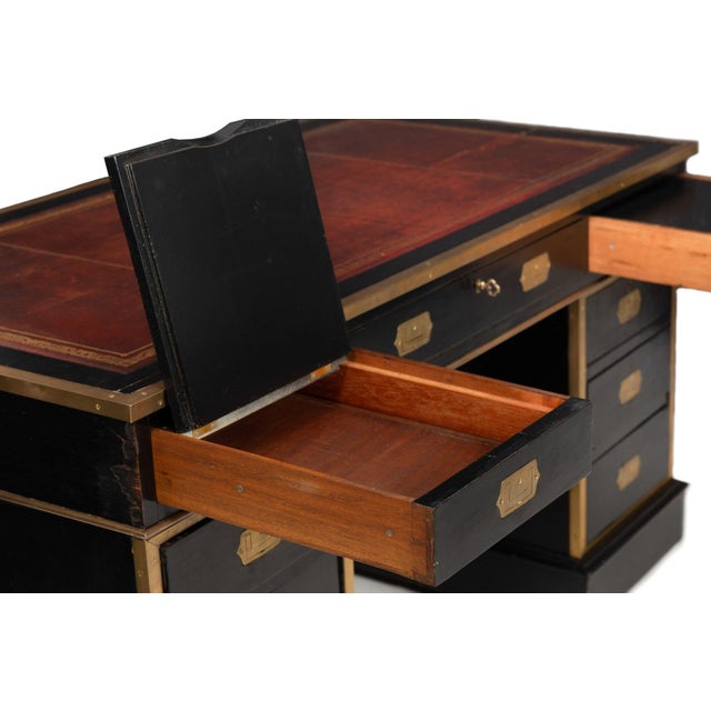 English Antique Campaign Ebonized Pedestal Desk, 19th Century For Sale - Image 13 of 18