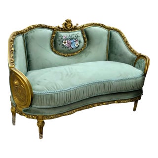French Louis XVI Grand Sofa With Green Velvet Upholstery, Hand-Gilded Gold Leaf Frame & Hand-Painted Floral Medallion For Sale