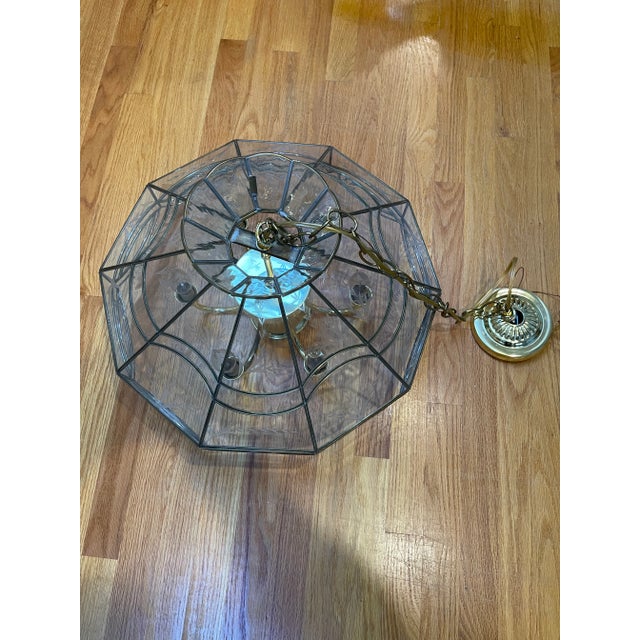 Brass Vintage Leaded Glass Pane Chandelier For Sale - Image 8 of 9