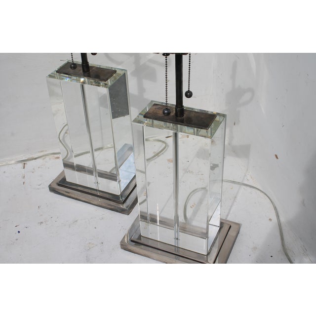 Silver Pair 1970's Italian Modern Solid Glass Block W/ Silver Detailed Heavy Table Lamps For Sale - Image 8 of 10