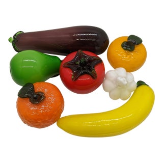 Vintage Italian Murano Glass Style Fruit Including Eggplant, Banana, Garlic, Tomato, Orange & Pear For Sale