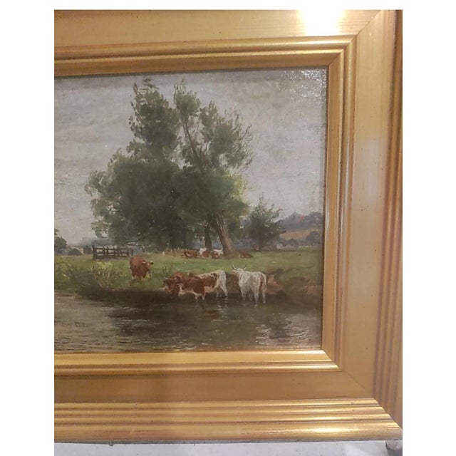 Realism Barbizon 19 Century Signed Oil/Board "Cow Herd by River" For Sale - Image 3 of 6