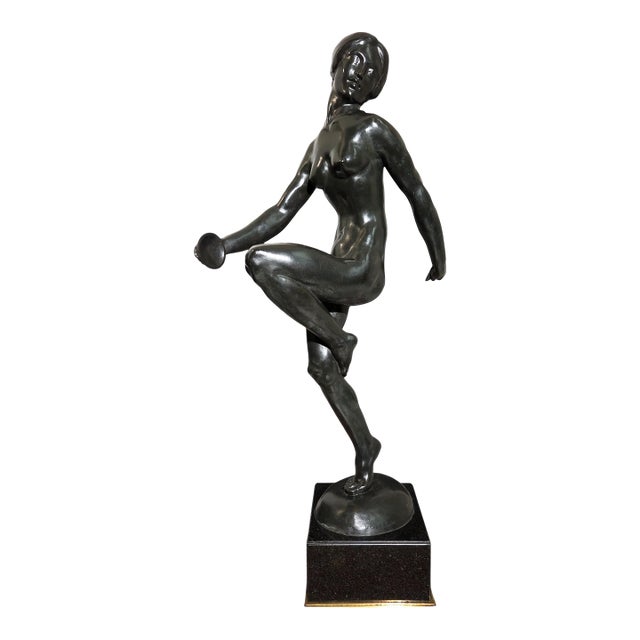 Early 20th Century E. Popineau Signed Large, Original, French Art Deco Bronze Female Cymbal Dancer - Francois Emile Popineau For Sale