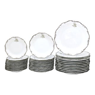 Antique "M B" Monogram Silver Rim Porcelain Plates, 36 PCS For Sale
