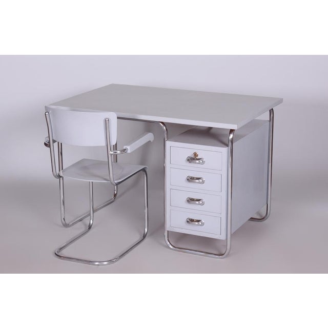 Silver Bauhaus Lacquered Wood Writing Desk & Chair attributed to Hynek Gottwald, 1930s, Set of 2 For Sale - Image 8 of 18