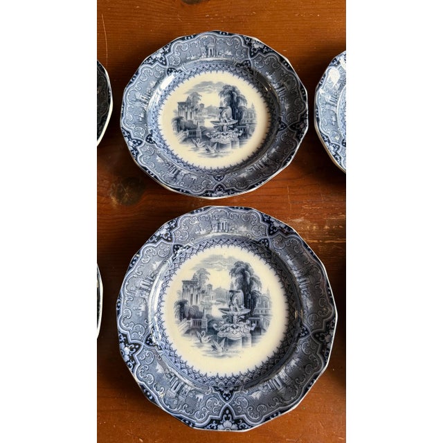 A Super Rare Set of 6 Antique Flow Black Ironstone Plates “Athens” by W. Adams, Circa 1850’s For Sale - Image 6 of 12