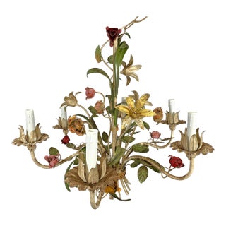Vintage Tole 6-Light Chandelier With Flower Motif and Honest Patina For Sale