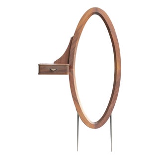 Vintage Wooden Oval Mirror with Drawer, Italy For Sale