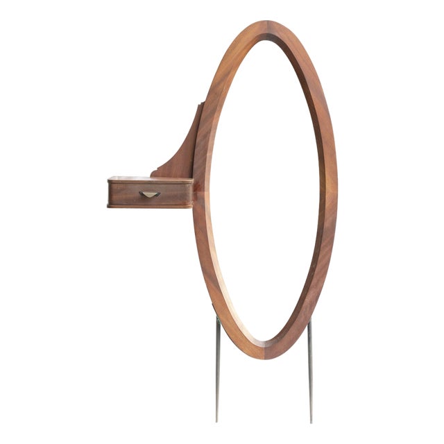 Vintage Wooden Oval Mirror with Drawer, Italy For Sale