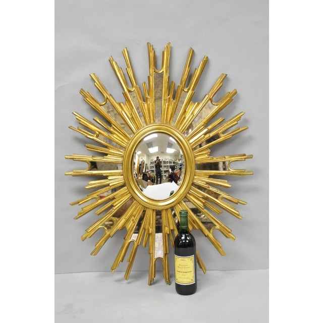 Vintage Italian Hollywood Regency Gold Gilt Sunburst Convex Bullseye Wall Mirror with Eglomise/Antiqued Glass. Circa Mid...