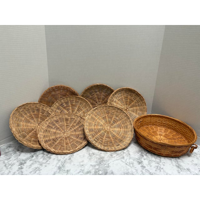 Vintage Wood Wicker Plate Holders and Basket Set of 8 For Sale - Image 4 of 8