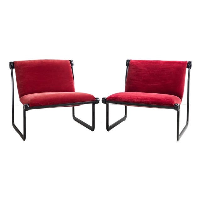 Knoll Aluminum Sling Lounge Chairs by Bruce Hannah and Andrew Morrison in Crushed Red Velvet 1960s For Sale