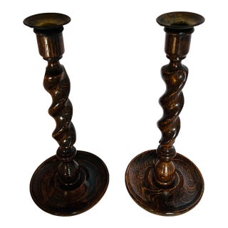 Antique English Brass and Oak Barley Twist Candlesticks a Pair For Sale