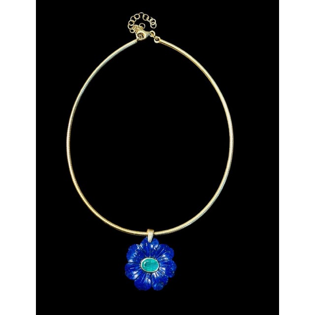 Blue Flora Pendant, Lapis Flower With Emerald & 14k Gold For Sale - Image 8 of 11