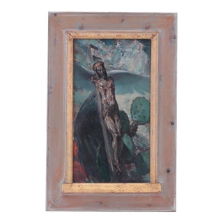 Arthur Meltzer (American 1893-1989) "Antique Crucifix" Oil Painting on Masonite and Housed in a Housed in a Custom Frederick Harer Frame For Sale