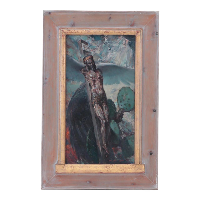 Arthur Meltzer (American 1893-1989) "Antique Crucifix" Oil Painting on Masonite and Housed in a Housed in a Custom Frederick Harer Frame For Sale