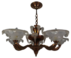Art Deco French Frosted Glass, Brass, and Copper Chandelier, 1930s