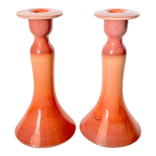 Antique Tiffin Carrara Coral Slag Glass Candlesticks, a Pair For Sale