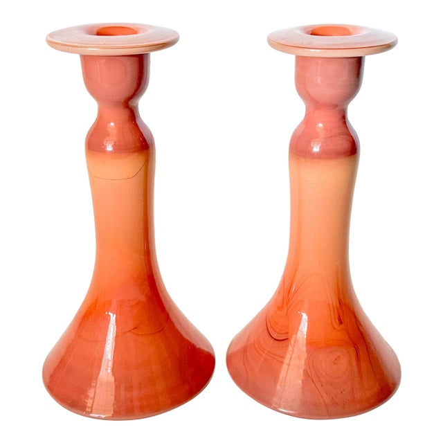 Antique Tiffin Carrara Coral Slag Glass Candlesticks, a Pair For Sale