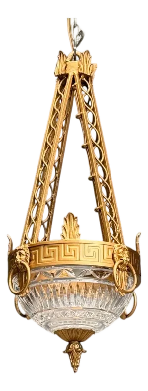 Maitland Smith Attributed Gilt Metal, Glass, Greek Key Motif, Pendant Light