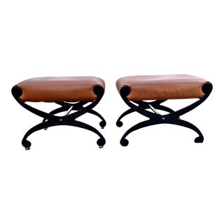 Pair of Regency Style Wrought Iron and Leather Benches For Sale