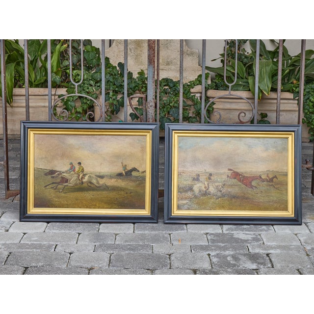 Early 20th Century Mid 20th Century Pair of British Steeplechase Horse Racing Paintings on Board, Framed For Sale - Image 5 of 12