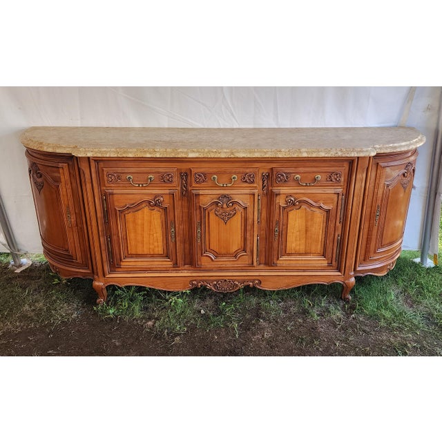 Stone Palatial Solid Cherry Country French Provincial Marble Top Dining Room Sideboard Buffet C1960s For Sale - Image 7 of 12