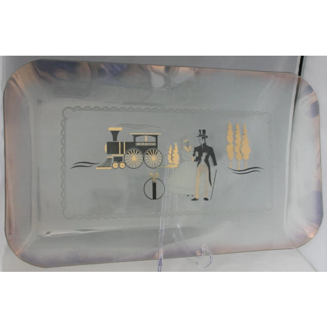 Metal Mid-Century Large Iridescent Clear Glass Tray Black & Gold Victorian Scene For Sale - Image 7 of 10