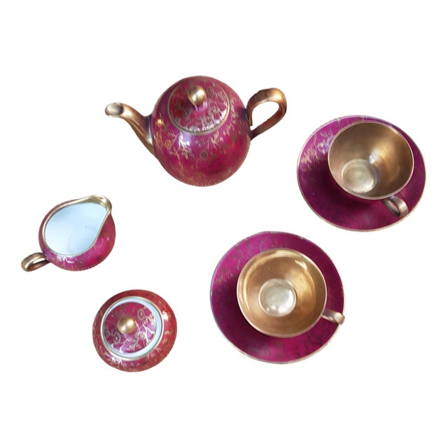 Gilded Porcelain Service Tete À Tete in Pink and Gold, Set of 5 For Sale
