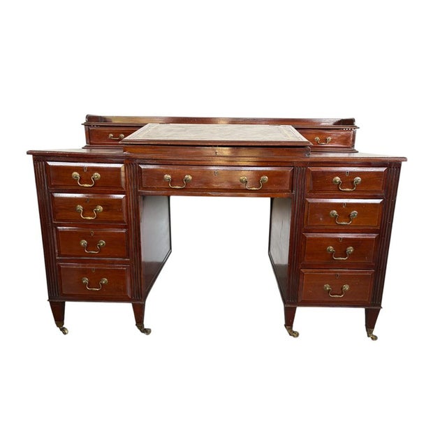 Vintage Mahogany Partners Desk with Leather Inlay and Brass Hardware For Sale - Image 4 of 9