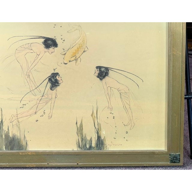 Wood Early Framed Illustration - Stylized Fairy Figures Swimming With a Koi Fish, Signed For Sale - Image 7 of 9