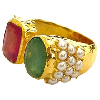 Bochic “Orient” Red Ruby, Green Emerlad & Pearl Ring Set 18K Gold & Silver, Size 9.5 For Sale