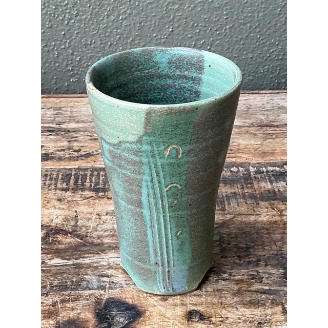 Green Vintage Studio Pottery Green Vase For Sale - Image 8 of 17