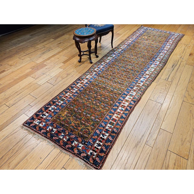 Vintage Persian Kurdish Camelhair Runner Rug, Hand-Knotted Wool, Allover Pattern, 4x14, Camelhair & Ivory For Sale - Image 11 of 18