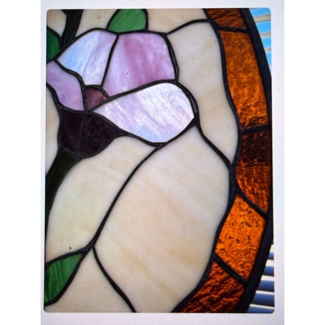 Vintage Handcrafted Oval Shaped Large Floral Motif Stained Glass Panel Suncatcher Window Hanging 18” X 13” For Sale - Image 4 of 9
