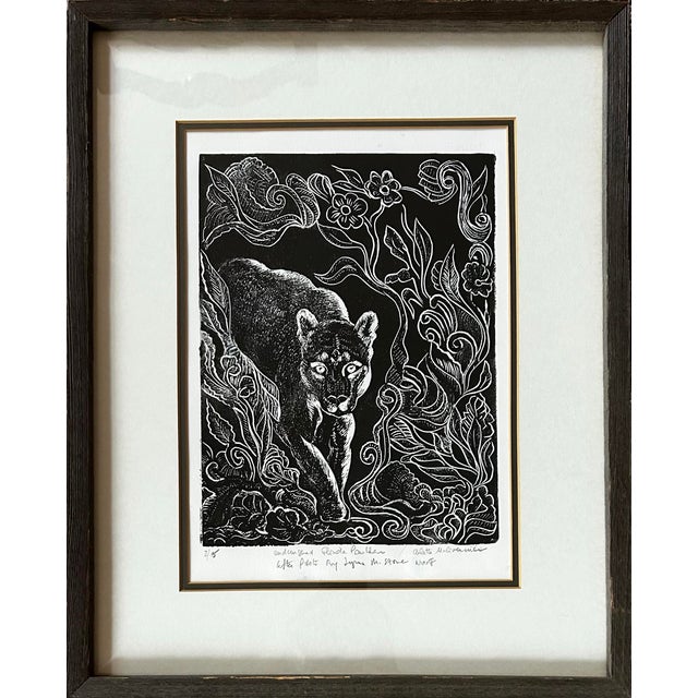 Impressionist Vintage Impressionist Woodcut Print of Florida Panther in Wood Frame For Sale - Image 3 of 8
